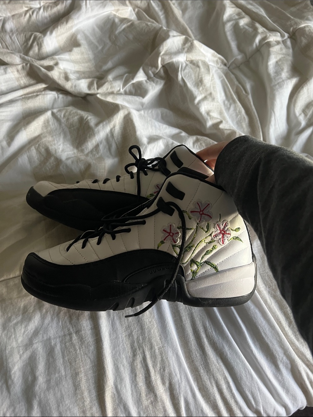 Nike White and Black High-Top Sneakers with Pink Floral Stitching